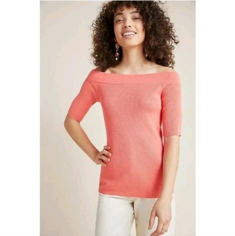 NWT Anthropologie salmon pink ribbed short-sleeve sweater